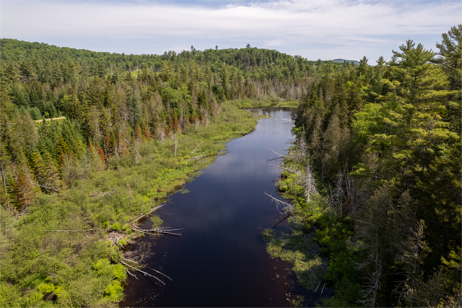 A drone shot of the deadwater on East Branch Nackawic Stream
